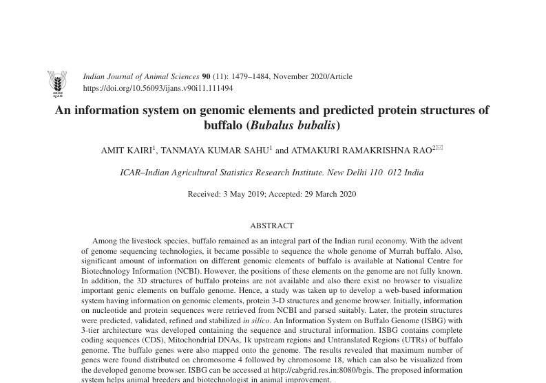 An information system on genomic elements and predicted protein structures of buffalo (Bubalus bubalis).