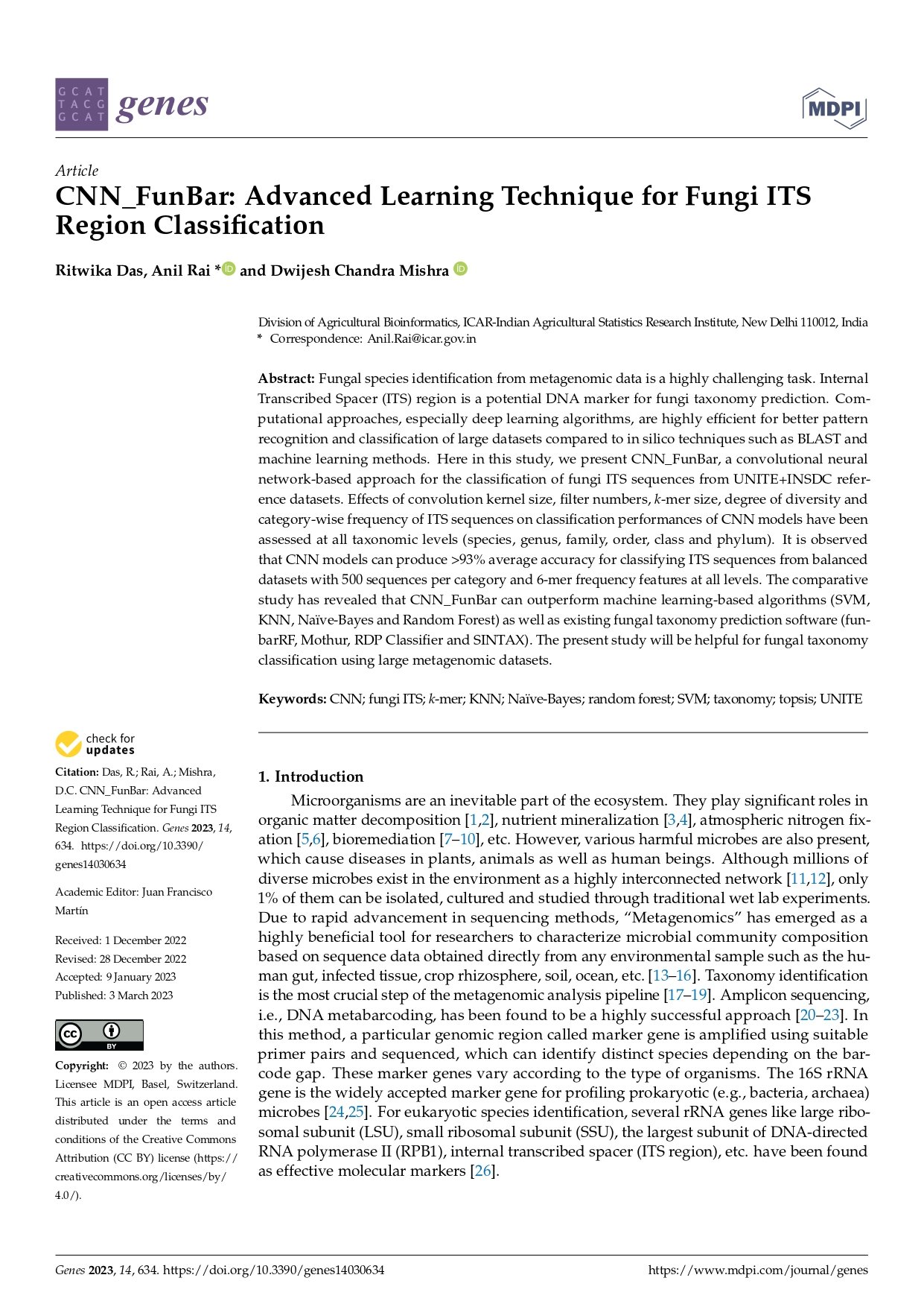 CNN_FunBar: Advanced Learning Technique for Fungi ITS Region Classification