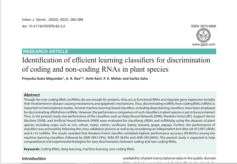 Identification of efficient learning classifiers for discrimination of coding and non-coding RNAs in plant species